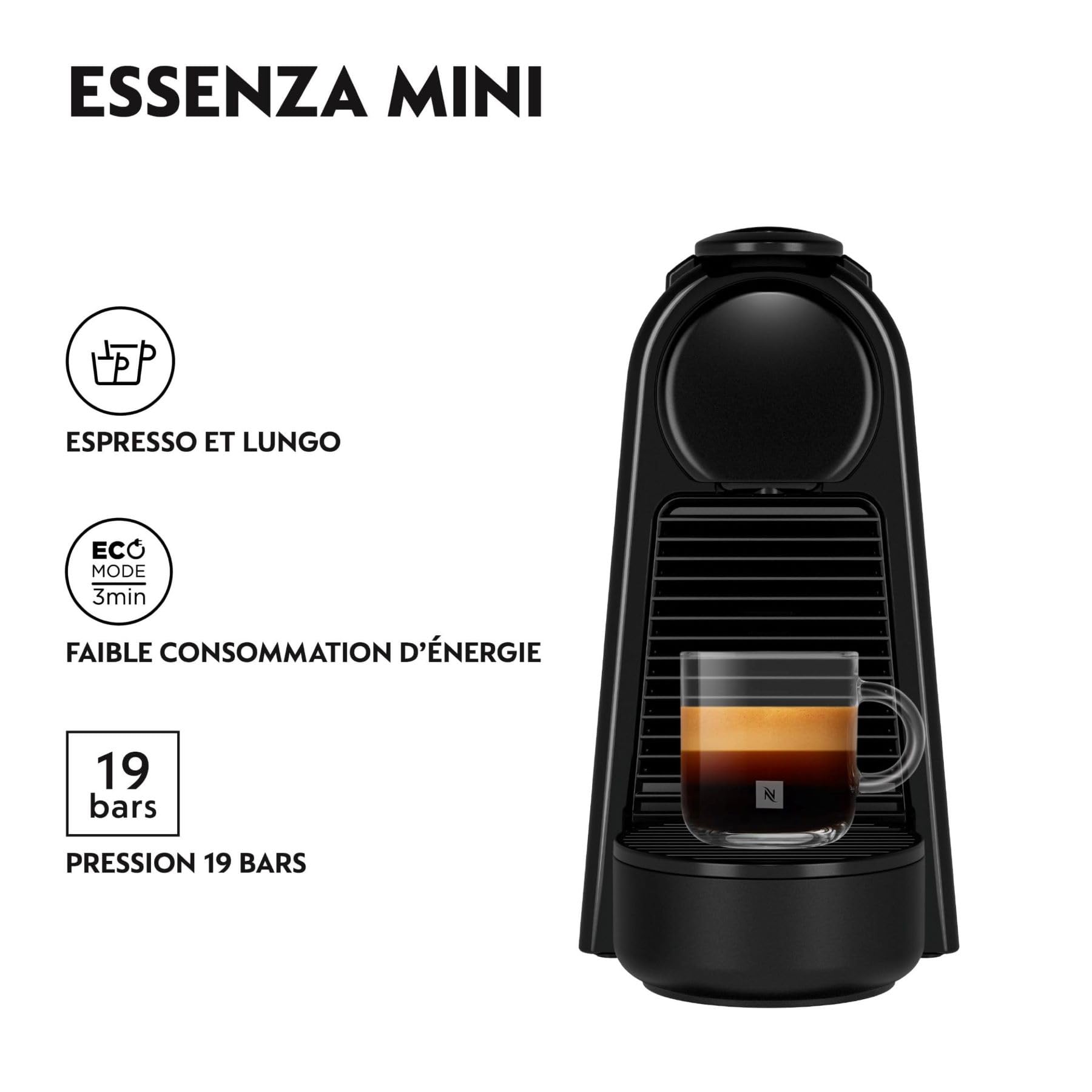 Velustro - Machine à Café Essenza Mini Noir, 19 Bars,Expresso et Lungo, Arrêt Automatique, EN85.B, Noir